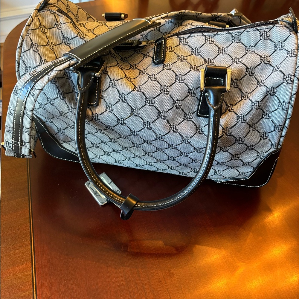 Ralph Lauren signature fabric bag satchel tote duffel with black leather trim.